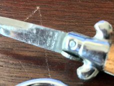 Vintage Miniature Keychain Switchblade Knife, Marked "Stainless Steel" & "Hong Kong", Brown Wrap 