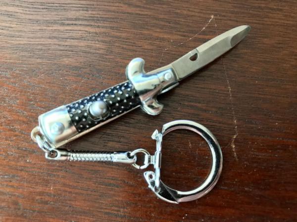 Vintage Miniature Keychain Switchblade Knife, Marked "Hong Kong", Black Checkered Handle, Unused 