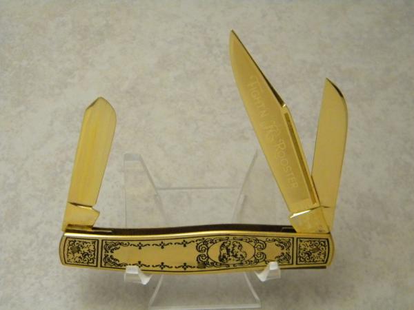 Fight'n Rooster Frank Buster Cutlery Co. Germany Gold Plated Floral Stockman Knife Pre 1982