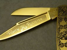 Fight'n Rooster Frank Buster Cutlery Co. Germany Gold Plated Floral Stockman Knife Pre 1982