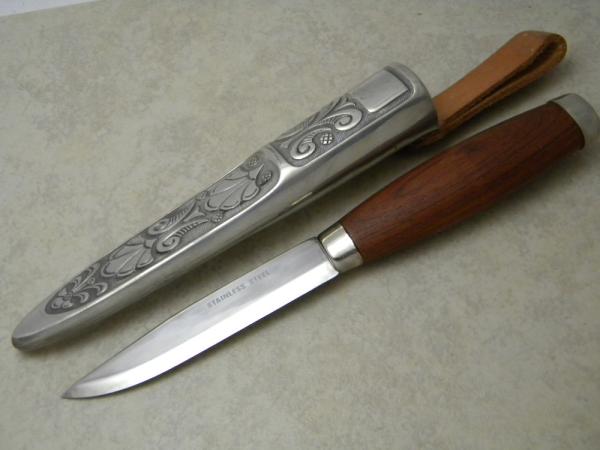Vintage Haugrud Norway 51 K Hunting Knife with Pewter Scabbard 1970's