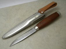 Vintage Haugrud Norway 51 K Hunting Knife with Pewter Scabbard 1970's