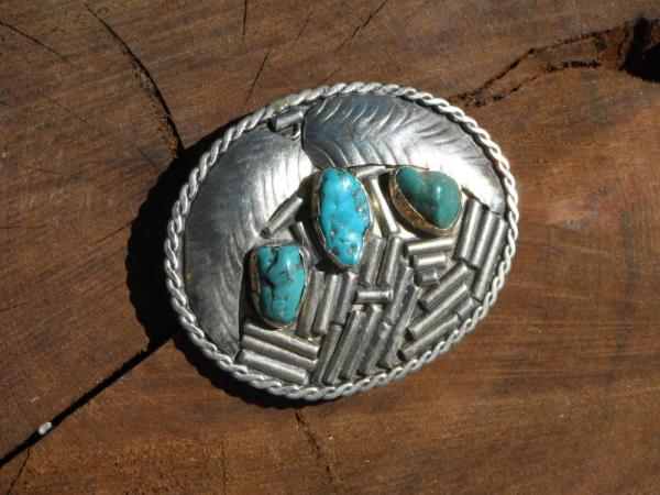 Large Handmade Mexican Belt Buckle  with real Turquoise Stones. Perfect for your Knife Belt!!!