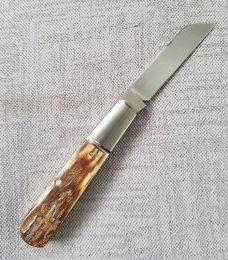 Bobby Toole Custom Bark Mammoth ivory Lambsfoot Barlow Knife, CPM-154 ,4; Integral Fluted Bolsters..