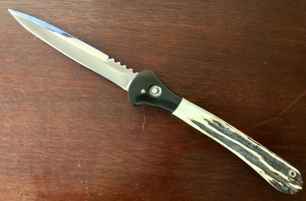 James Huckeba (Huck) Switchblade, Marked "Huck", Spear Point Blade, Nice Stag Handle, Unused 