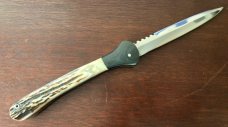James Huckeba (Huck) Switchblade, Marked "Huck", Spear Point Blade, Nice Stag Handle, Unused 