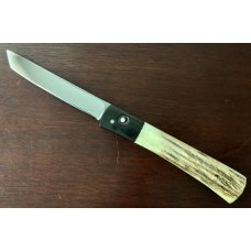 James Huckeba (Huck) Switchblade, Marked "Huck", Tanto Blade, Nice Stag Handle, Unused