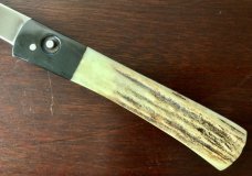 James Huckeba (Huck) Switchblade, Marked "Huck", Tanto Blade, Nice Stag Handle, Unused 