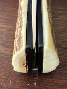 James Huckeba (Huck) Switchblade, Marked "Huck", Tanto Blade, Nice Stag Handle, Unused 