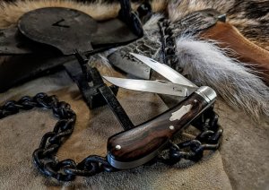 KROO CUSTOM BLADES - Bose Design Wharncliffe 2 Blade Trapper  - Arizona iron Wood Burl Handles - NEW