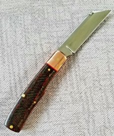 K'roo Custom Mac Knife,Copper accents..blanket micarta scales red liners and spacers..,3.5..coa.sli