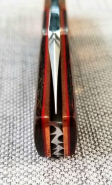 K'roo Custom Mac Knife,Copper accents..blanket micarta scales red liners and spacers..,3.5..coa.sli