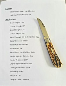 Mike Zcherny , Skorpion Blades, Stag Swayback Custom Knife..3.75..CTS-xhp...premium build..coa..slip