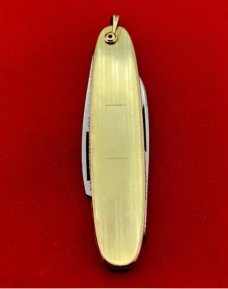 Vintage MERIDEN KNIFE Co Embossed Goldtone Lobster Pen Watch Fob Folding Pocket Knife c.1917-1932