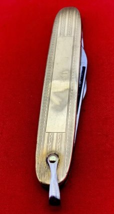 Vintage COLONIAL PROV RI Embossed Gold Tone Shadow Pen Folding Pocket Knife w/Bail