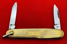 Vintage COLONIAL PROV RI Embossed Gold Tone Shadow Pen Folding Pocket Knife w/Bail