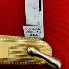 Vintage COLONIAL PROV RI Embossed Gold Tone Shadow Pen Folding Pocket Knife w/Bail