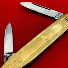 Vintage COLONIAL PROV RI Embossed Gold Tone Shadow Pen Folding Pocket Knife w/Bail