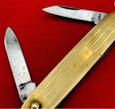 Vintage COLONIAL PROV RI Embossed Gold Tone Shadow Pen Folding Pocket Knife w/Bail