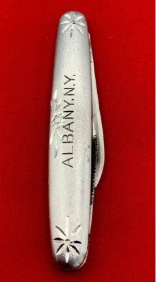Vintage NEW YORK KNIFE CO Etched Aluminum Folding Pocket Knife c.1882-1931 NM Very Rare