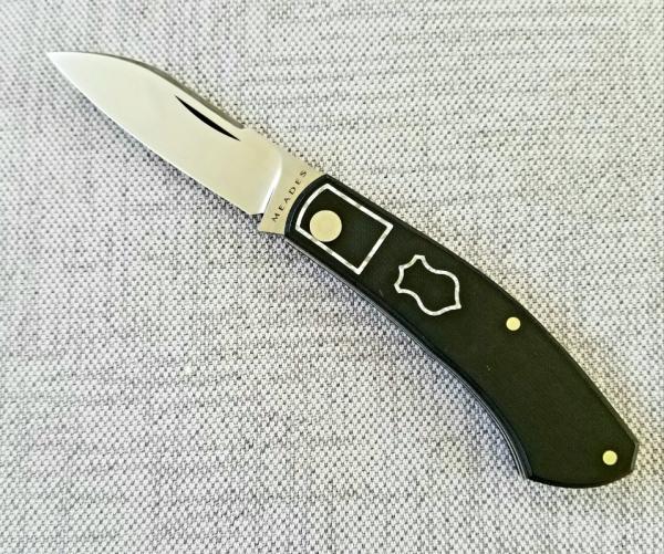 Meades Mini Dino Custom Knife, 3.625..Black Micarta..silver Twill CF skeleton key & bolsters outline
