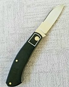 Meades Mini Dino Custom Knife, 3.625..Black Micarta..silver Twill CF skeleton key & bolsters outline