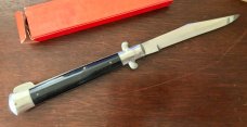 Vintage Japanese Manual Action Lockback Stiletto Knife, Black Plastic Handle, Unused With Box  