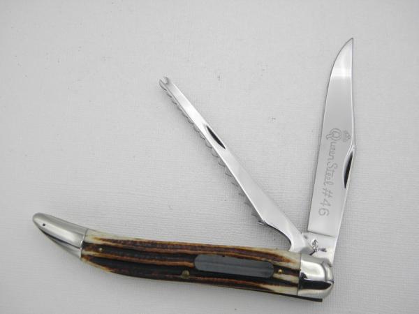 Queen Cutlery Co. #46 Fish Knife in Winterbottom Bone: 5 ” closed; 1958 -1960, etched blade, Q STEEL