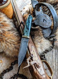 Richard Darby's Judgement Knives - Loveless Style Drop Point - Auqua Dymalux Handles - Damascus