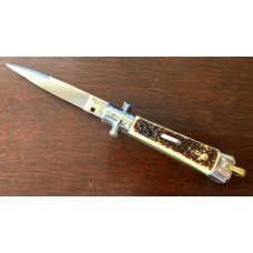 Bargeon French Small Switchblade, 7 1/2 Inch, Faux Stag Handle, Excellent Unused Condition