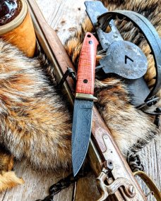 Richard Darby's Judgement Knives - Loveless Style Drop Point - Curly Mango Wood Handles - Damascus