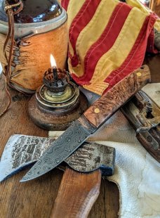 Richard Darby's Judgment Knives - Loveless Style Puukko -Natural Maple Burl Handles- Damascus Blade