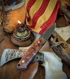 Richard Darby's Judgment Knives - Loveless Style Puukko -Natural Maple Burl Handles- Damascus Blade