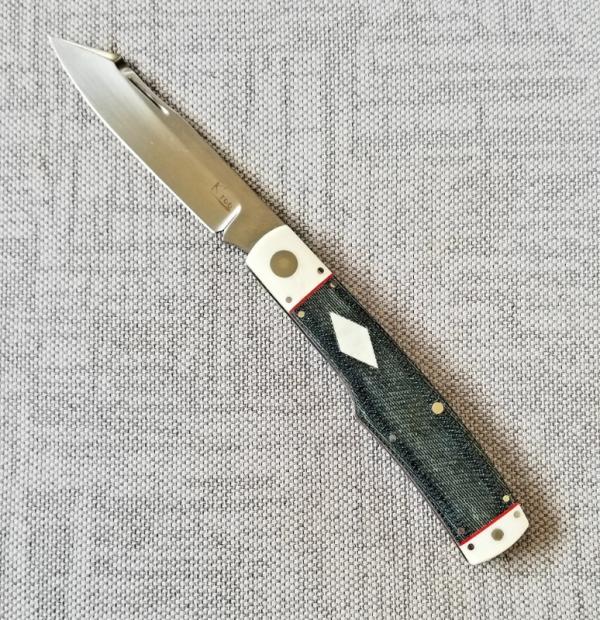 K'roo Custom Native Knife, NEW,W/ slip, 4"..Denim Micarta and Tusk ..red accents..rwl34. Filework 