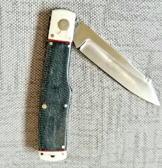 K'roo Custom Native Knife, NEW,W/ slip, 4"..Denim Micarta and Tusk ..red accents..rwl34. Filework 