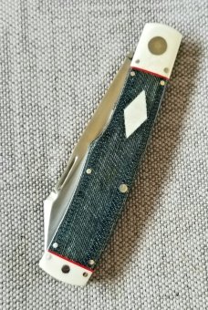 K'roo Custom Native Knife, NEW,W/ slip, 4"..Denim Micarta and Tusk ..red accents..rwl34. Filework 