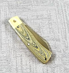 DrT Dino pattern, Caterpillar Fordite and Westinghouse micarta 3.75" closed ,coa/slip