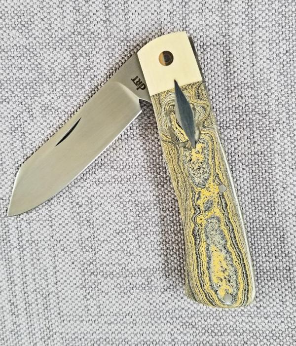 DrT Dino pattern, Caterpillar Fordite and Westinghouse micarta 3.75" closed ,coa/slip DrT Dino pattern, Caterpillar Fordite and Westinghouse micarta 3.75" closed ,coa/slip