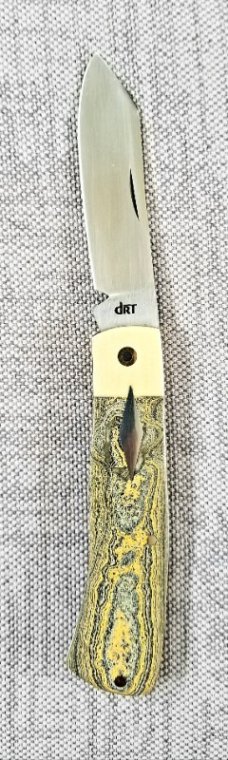 DrT Dino pattern, Caterpillar Fordite and Westinghouse micarta 3.75" closed ,coa/slip