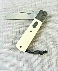 Vincenzo Balistreri Ivory Linen  Micarta White Wolf,4" .440C..Fools Gold Carbon..lanyard pin..bead