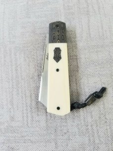 Vincenzo Balistreri Ivory Linen  Micarta White Wolf,4" .440C..Fools Gold Carbon..lanyard pin..bead
