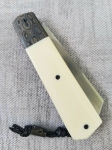 Vincenzo Balistreri Ivory Linen  Micarta White Wolf,4" .440C..Fools Gold Carbon..lanyard pin..bead