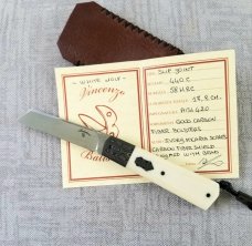 Vincenzo Balistreri Ivory Linen  Micarta White Wolf,4" .440C..Fools Gold Carbon..lanyard pin..bead