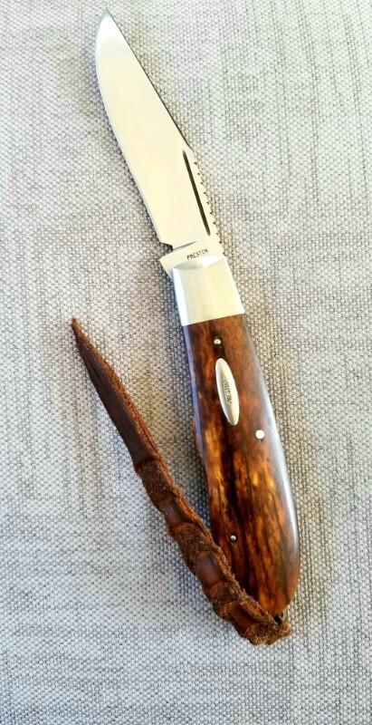 Rusty Preston Giraffe bone Backpocket Trapper, 4.5" closed, Roman Knot filework, lanyard with coa 