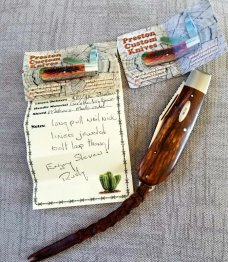 Rusty Preston Giraffe bone Backpocket Trapper, 4.5" closed, Roman Knot filework, lanyard with coa 