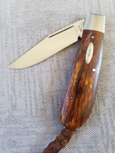 Rusty Preston Giraffe bone Backpocket Trapper, 4.5" closed, Roman Knot filework, lanyard with coa 