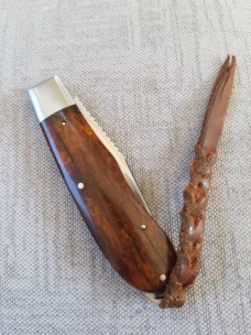 Rusty Preston Giraffe bone Backpocket Trapper, 4.5" closed, Roman Knot filework, lanyard with coa 