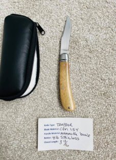 Bobby Toole Custom Mammoth Bone SB Trapper Knife,CPM-154 ,4" closed ,Integral Fluted Bolsters 