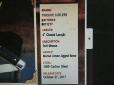 Tidioute 811217 ‘ S’ Bull Moose Green Jig Bone Pictorial Label with Pin Great Eastern 