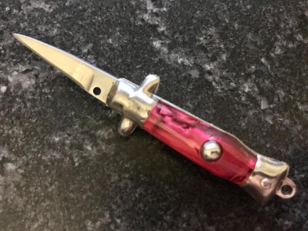 Farfalli Vintage Miniature Switchblade Knife Keychain, Bambi Model, Red Swirl Handle, Used 